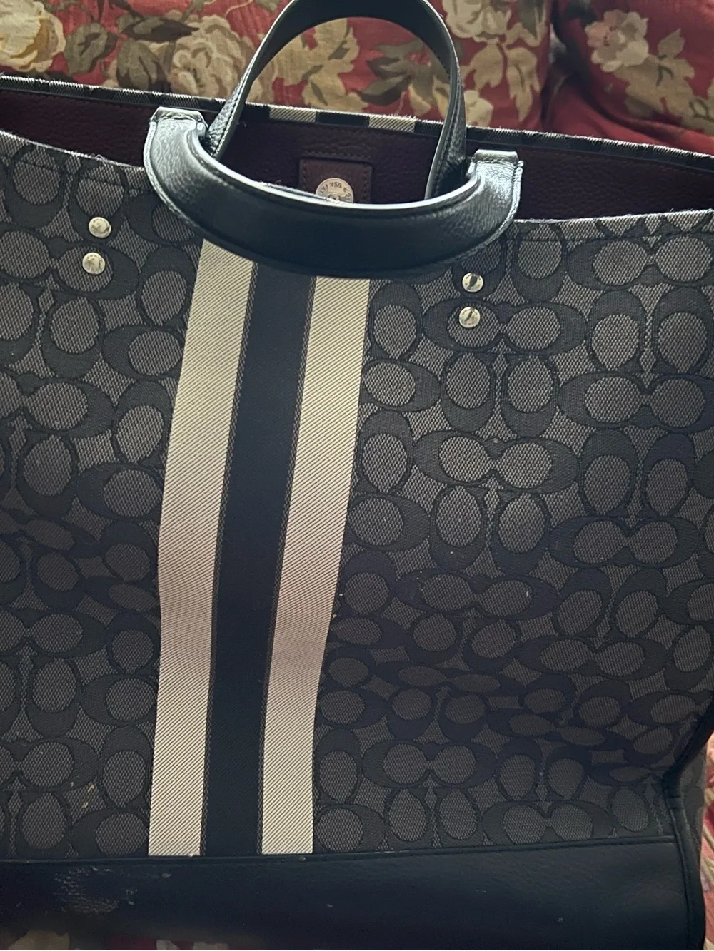 Coach Signature Canvas Tote with Black and gray Stripe